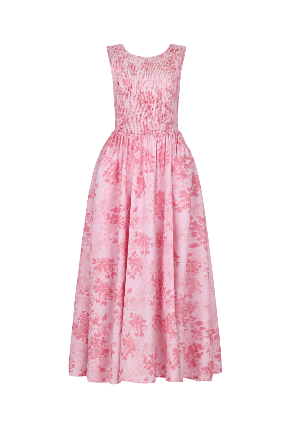chic size inclusive model wearing JessaKae Camille Smocked Floral Maxi Dress - Pink