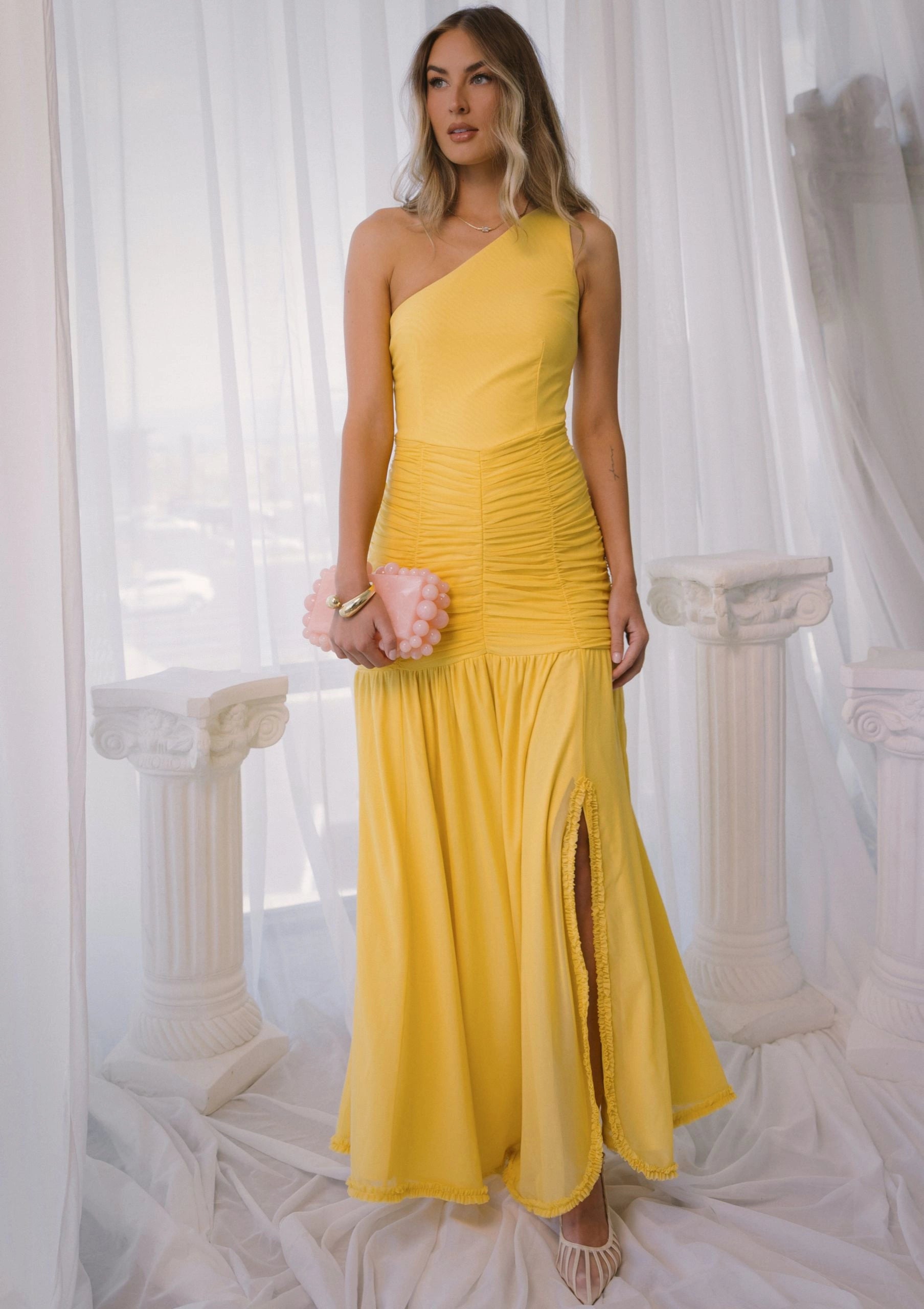 drop waist gold dress Amarra 88278 Drop Waist Ruched Top Metallic Dress