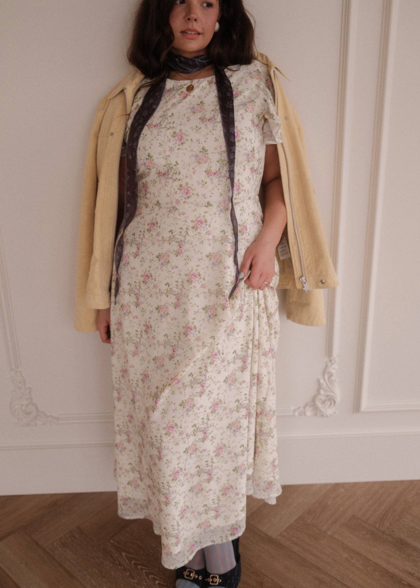 chic size inclusive model wearing JessaKae Elodie A-line Floral Midi Dress - Cream Dresses