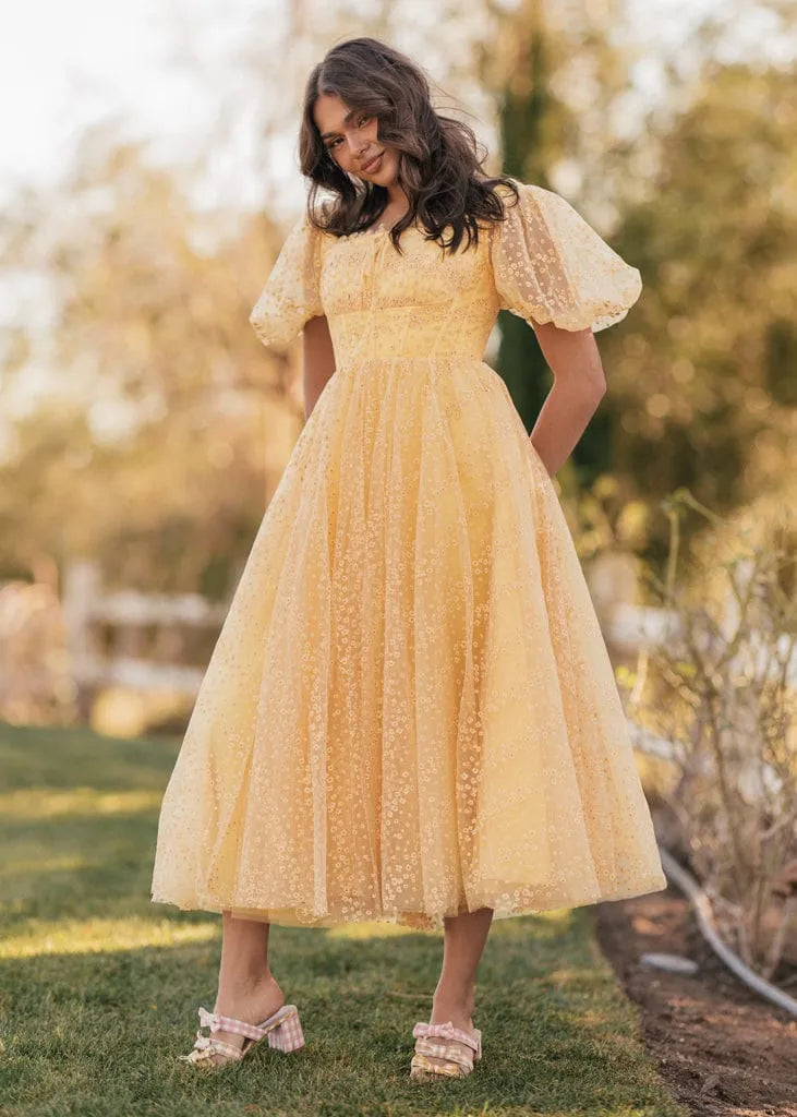 Everbloom Puff Sleeve Midi Dress in Yellow | Occasion Dress in Sizes XXS6X | JessaKae Everbloom Puff Sleeve Midi Dress in Yellow | Occasion Dress in Sizes XXS6X | JessaKae