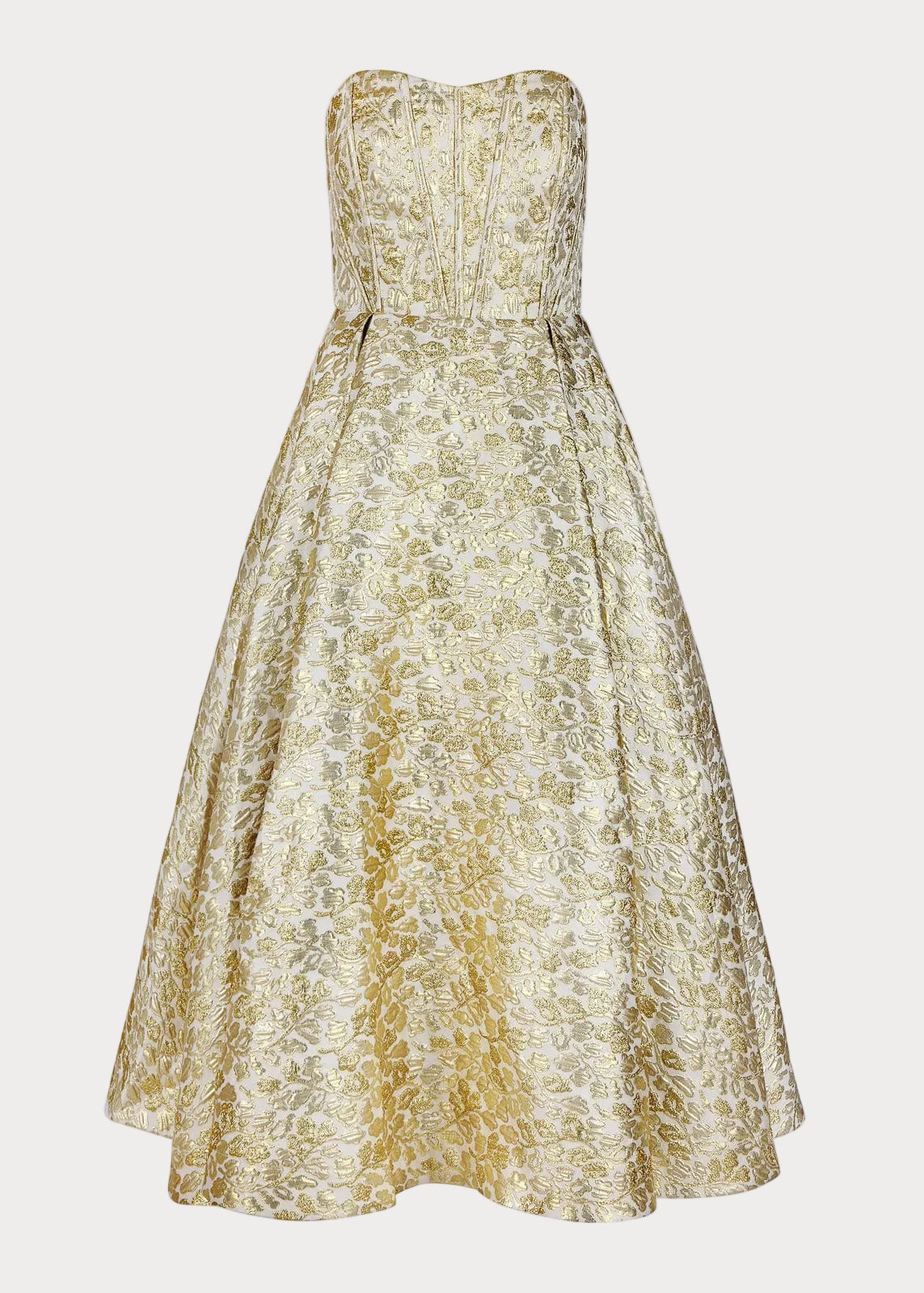 Gloria Strapless Corset Jacquard Midi Dress - Gold | Occasion Dress in Sizes XXS6X | JessaKae Gloria Strapless Corset Jacquard Midi Dress - Gold | Occasion Dress in Sizes XXS6X | JessaKae