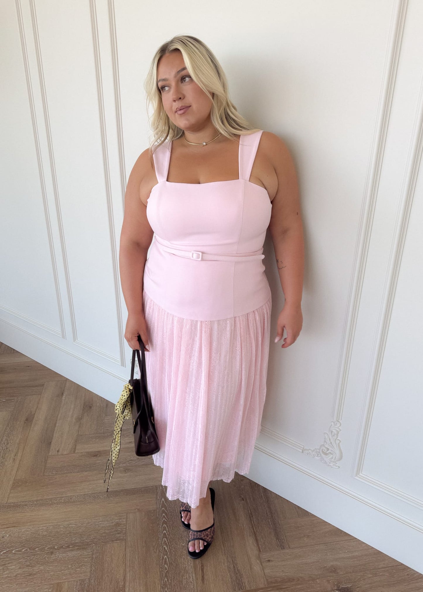 chic size inclusive model wearing JessaKae Jackie Peplum Belted Dress - Pink Dresses
