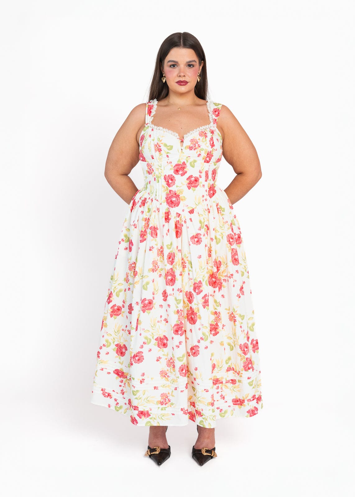 chic size inclusive model wearing JessaKae Lottie Basque Waist Floral Midi Dress - White