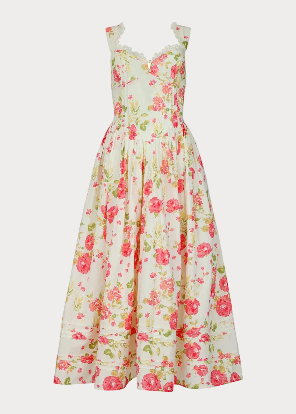 chic size inclusive model wearing JessaKae Lottie Basque Waist Floral Midi Dress - White