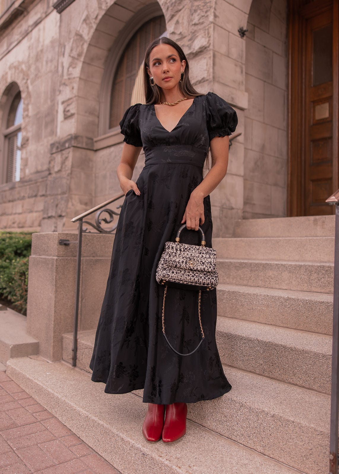 Mila Puff Sleeve Jacquard Floral Satin V-Neck Midi Dress - Black | Occasion Dress in Sizes XXS6X | JessaKae Mila Puff Sleeve Jacquard Floral Satin V-Neck Midi Dress - Black | Occasion Dress in Sizes XXS6X | JessaKae