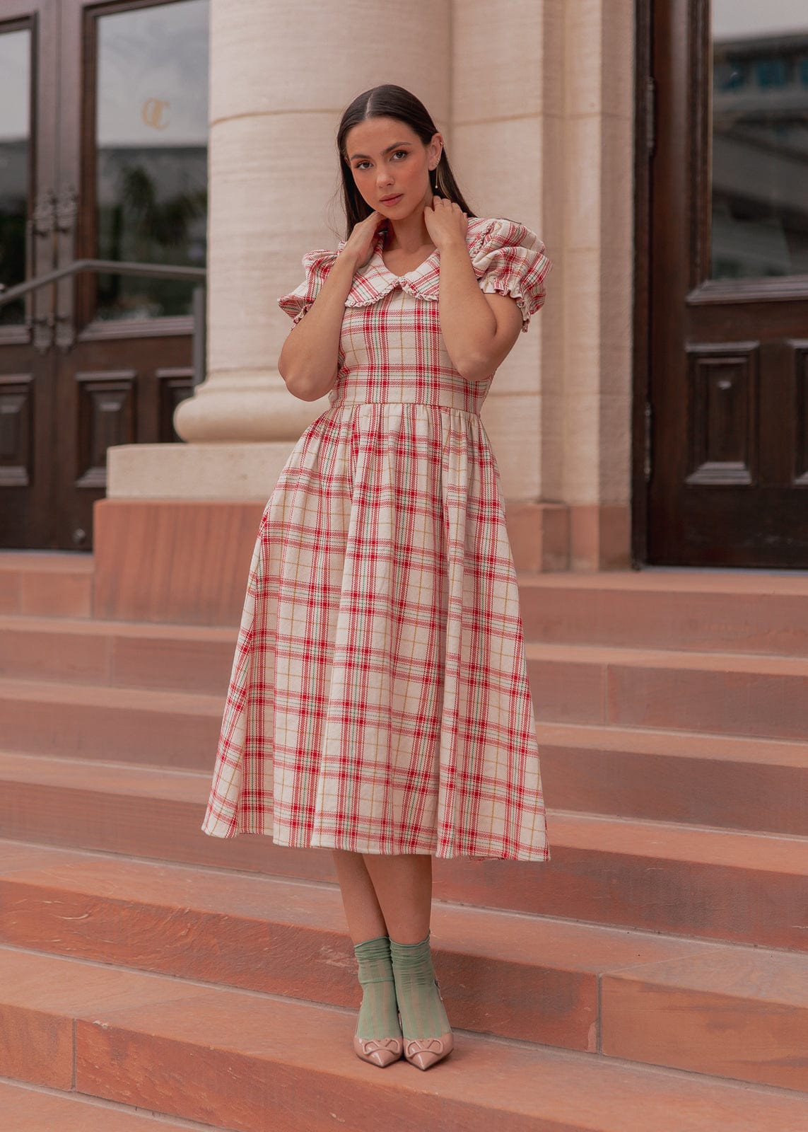 Pyper Oversized Collar Cotton Puff Sleeve Midi Dress - Red Plaid | Occasion Dress in Sizes XXS6X | JessaKae Pyper Oversized Collar Cotton Puff Sleeve Midi Dress - Red Plaid | Occasion Dress in Sizes XXS6X | JessaKae