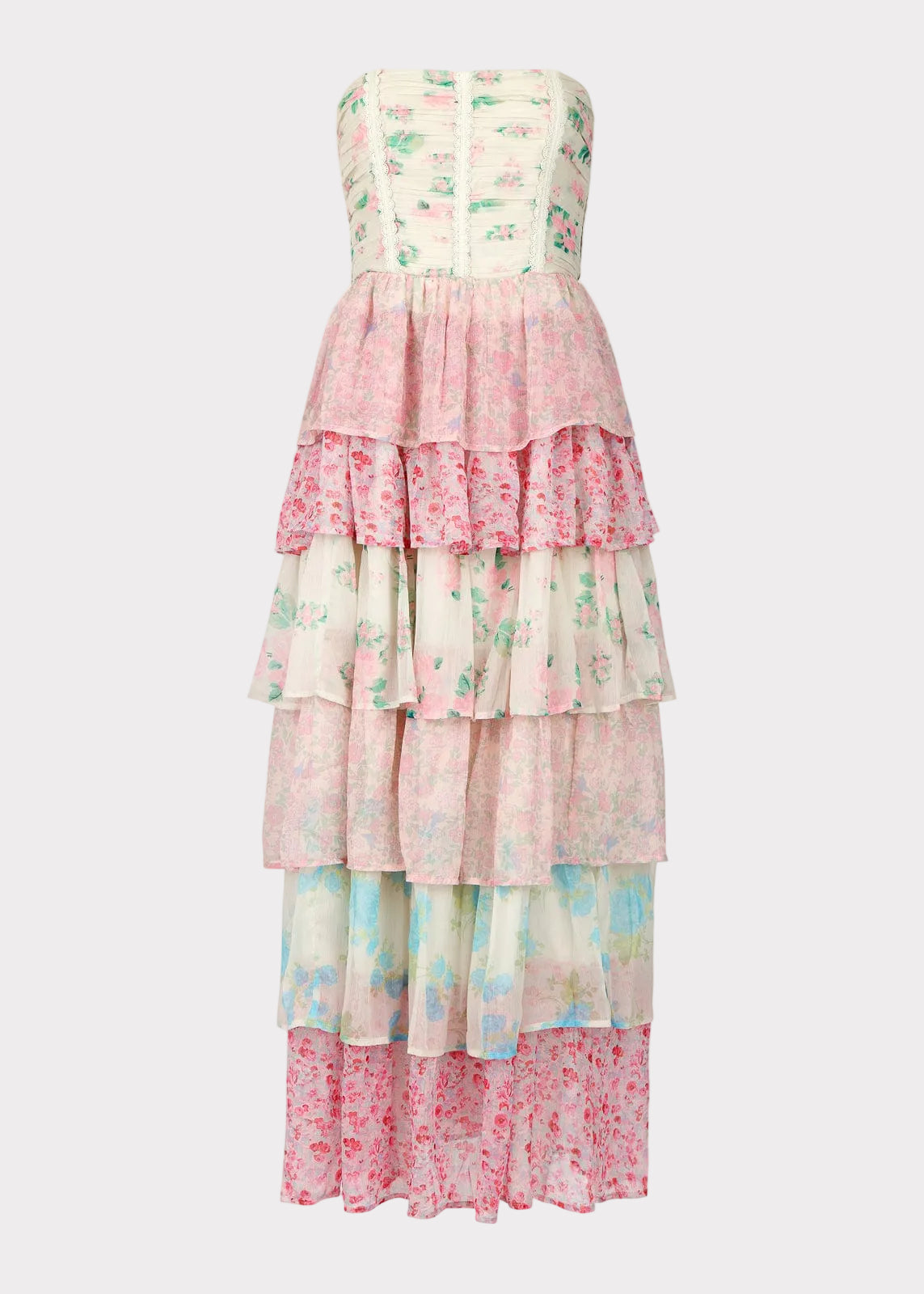 chic size inclusive model wearing JessaKae Rosemary Strapless Tiered Maxi Dress - Pink