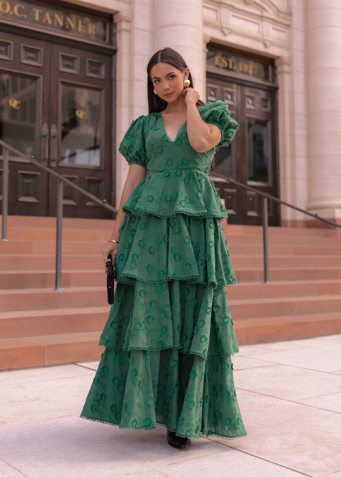 Sloane Puff Sleeve Tiered Cotton Floral V-Neck Maxi Dress - Green | Occasion Dress in Sizes XXS6X | JessaKae Sloane Puff Sleeve Tiered Cotton Floral V-Neck Maxi Dress - Green | Occasion Dress in Sizes XXS6X | JessaKae