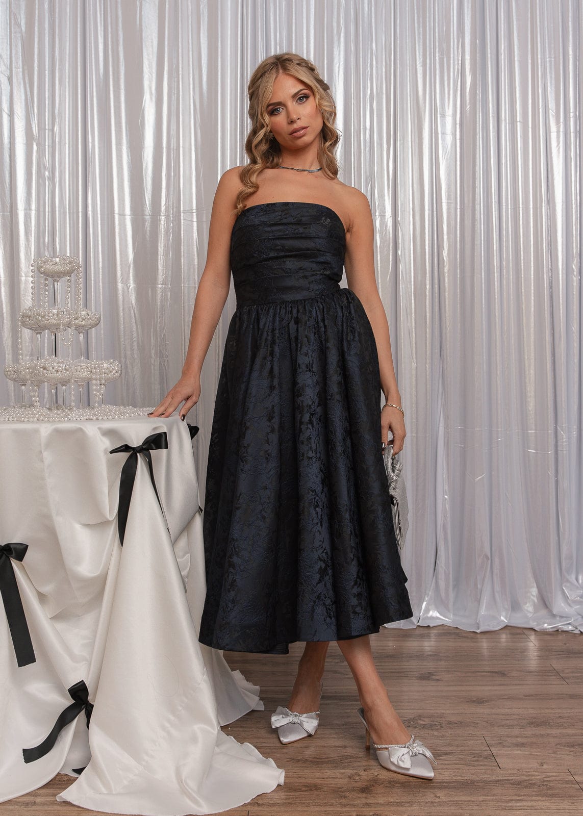 Winslow Strapless Jacquard Corset Midi Dress - Navy | Occasion Dress in Sizes XXS6X | JessaKae Winslow Strapless Jacquard Corset Midi Dress - Navy | Occasion Dress in Sizes XXS6X | JessaKae