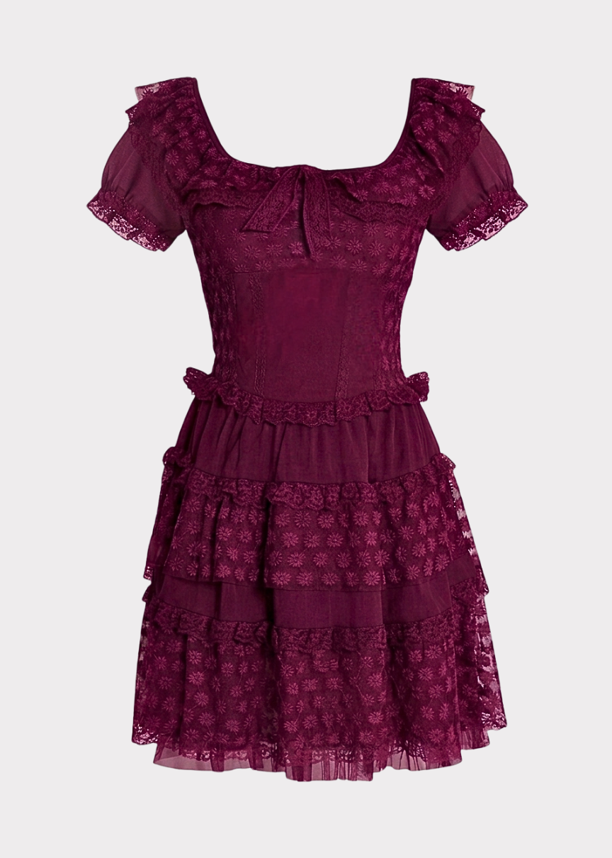 Maroon lace dress with ruffled sleeves on a white background