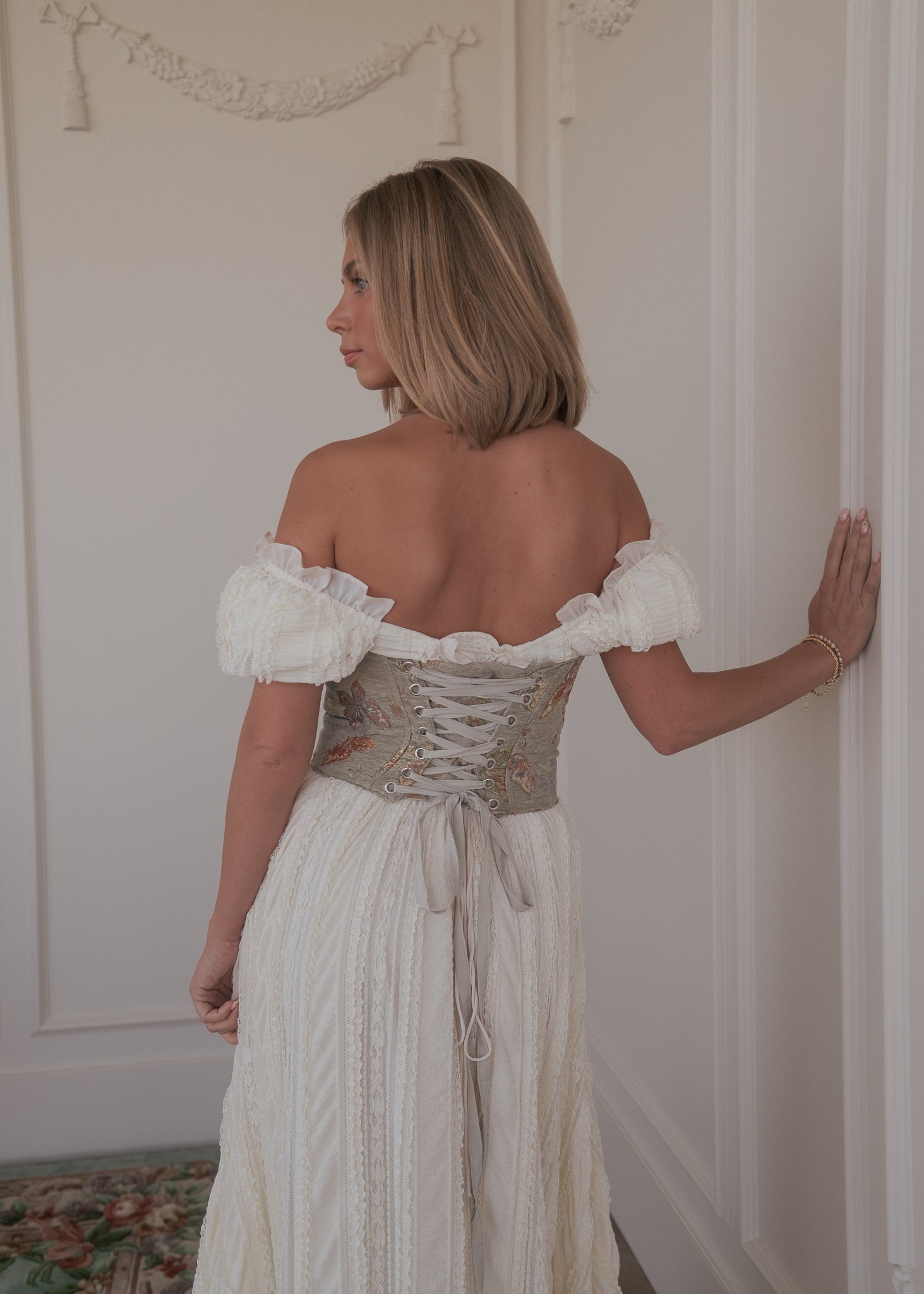 white christmas dresses REGENCY ERA IVORY JACQUARD CORSET DRESS WITH LACE LONG SLEEVE main image 1