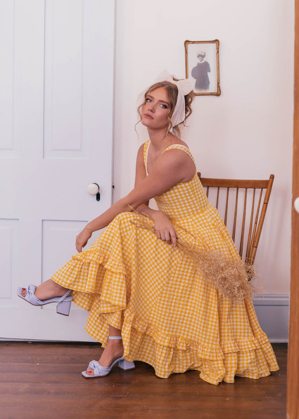 Kenna Yellow Satin Strapless Maxi Dress – Beginning Boutique US