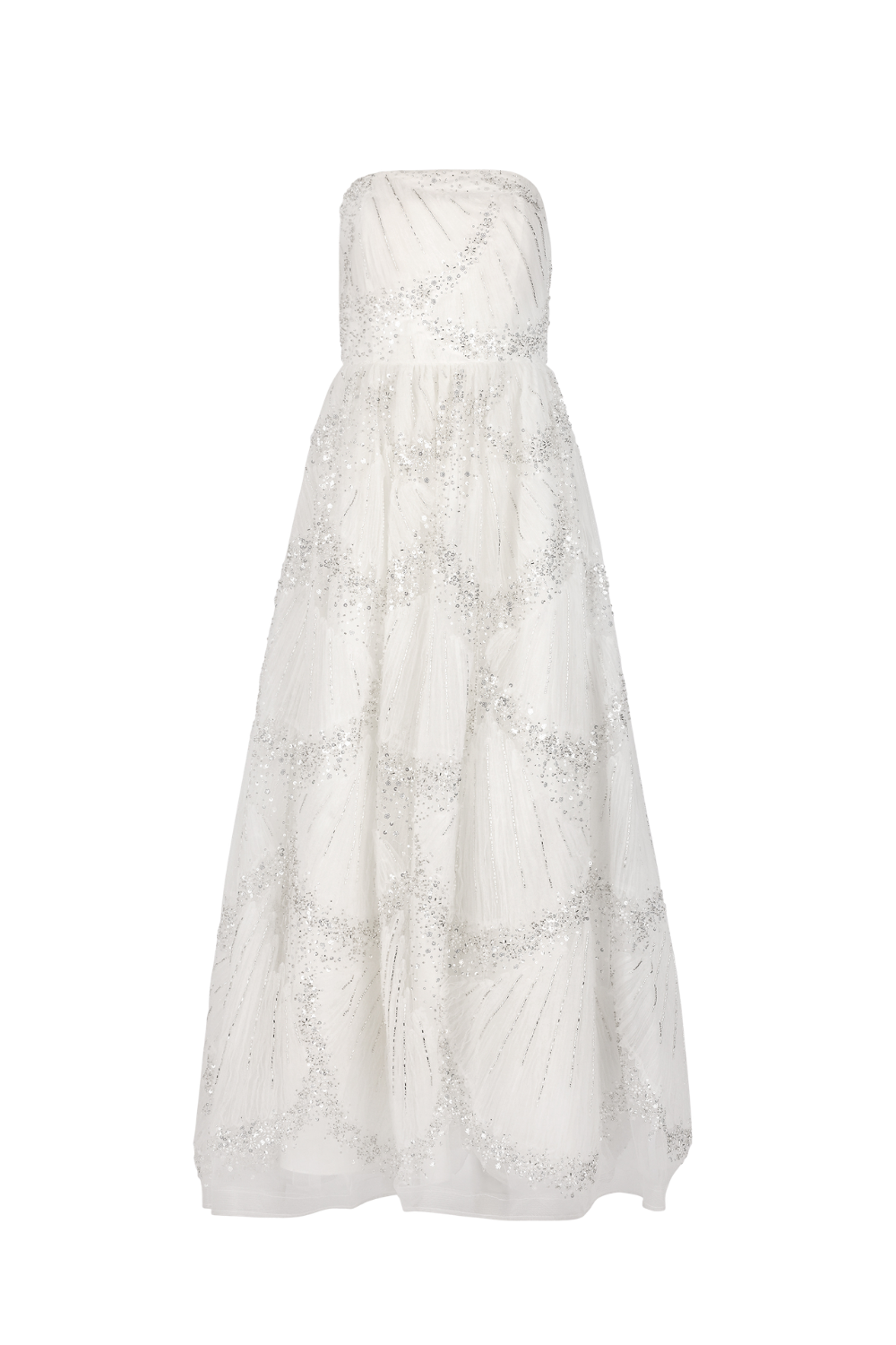 White strapless dress with silver embellishments on a fitted bodice and full skirt.