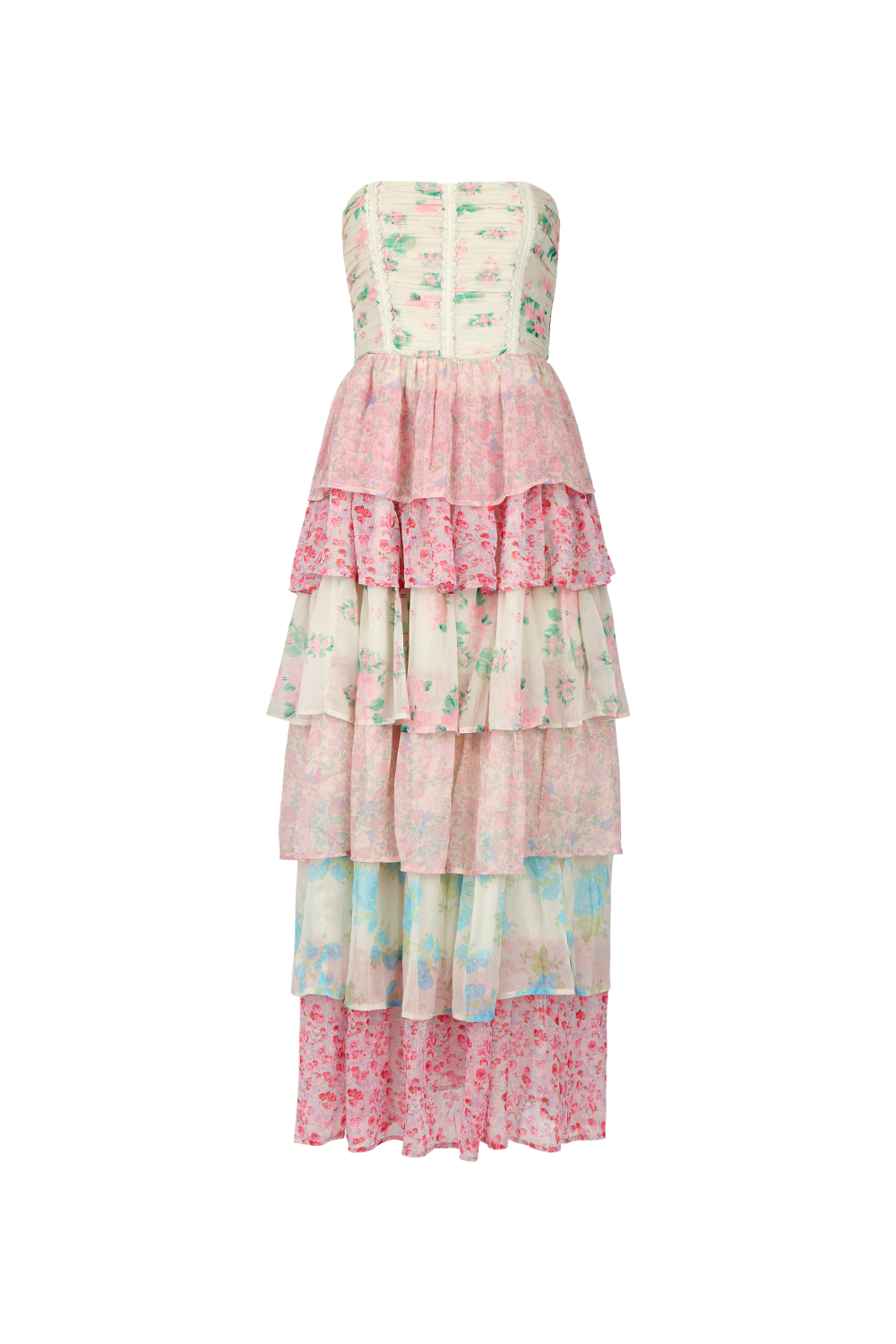 chic size inclusive model wearing JessaKae Rosemary Strapless Tiered Maxi Dress - Pink