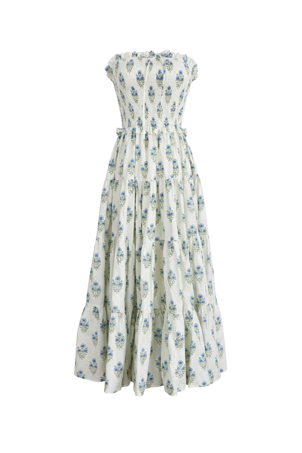 Betty Dress in white with blue floral print, ghost mannequin front view