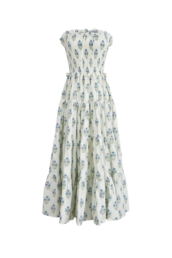 Betty Dress in white with blue floral print, ghost mannequin front view