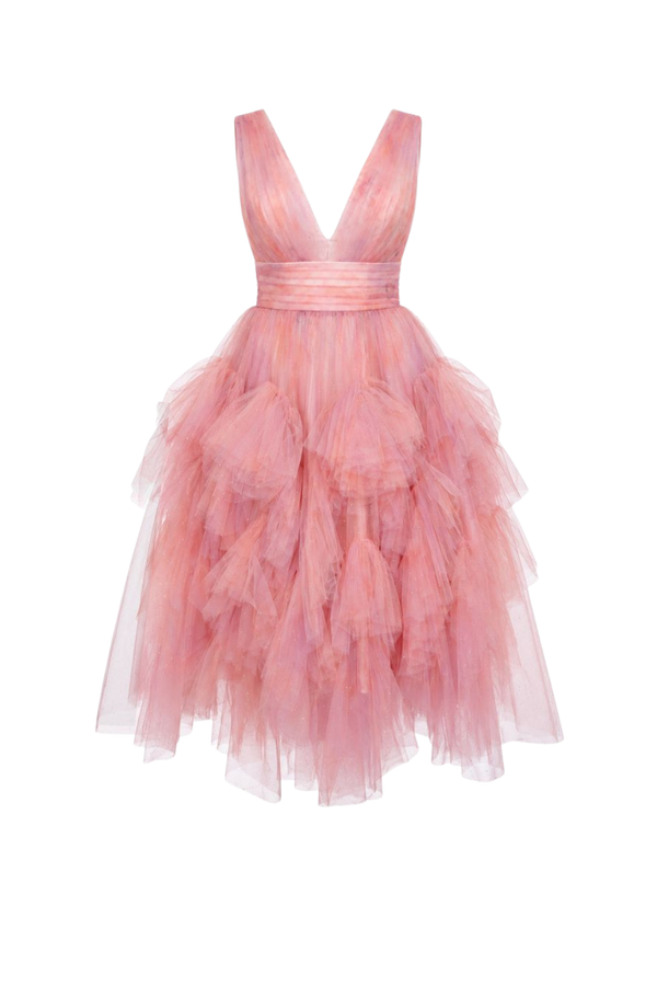 Calypso Dress in pink tulle, ghost mannequin front view