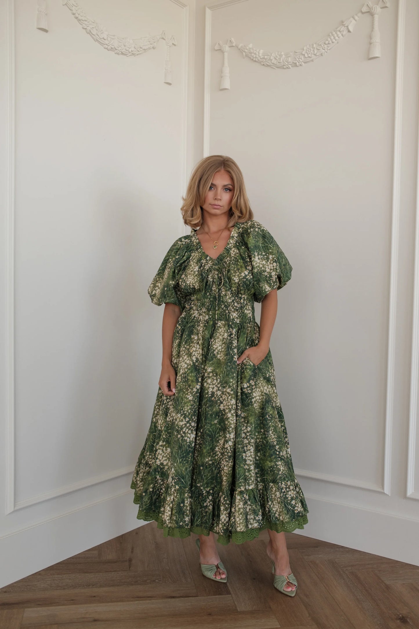 Jessa wearing the JessaKae Cerise Dress in green floral