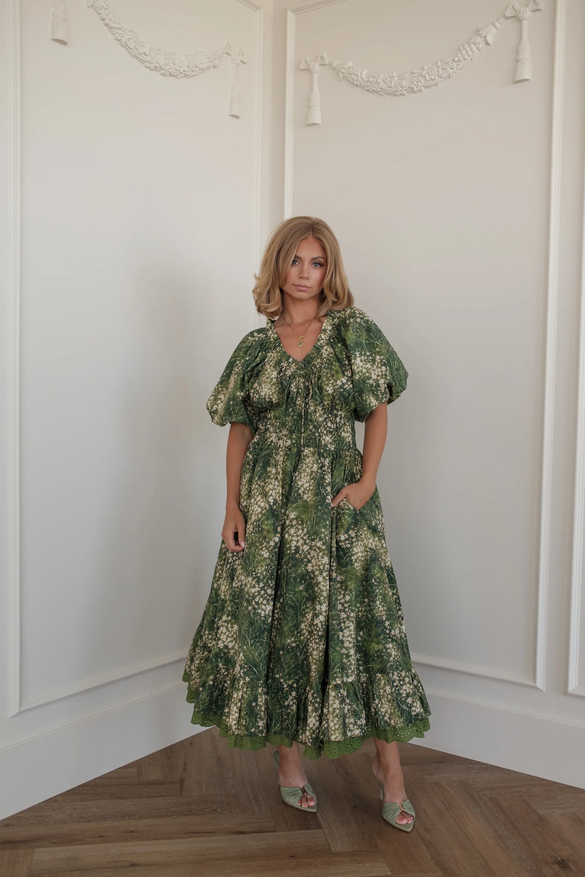 Jessa wearing the JessaKae Cerise Dress in green floral