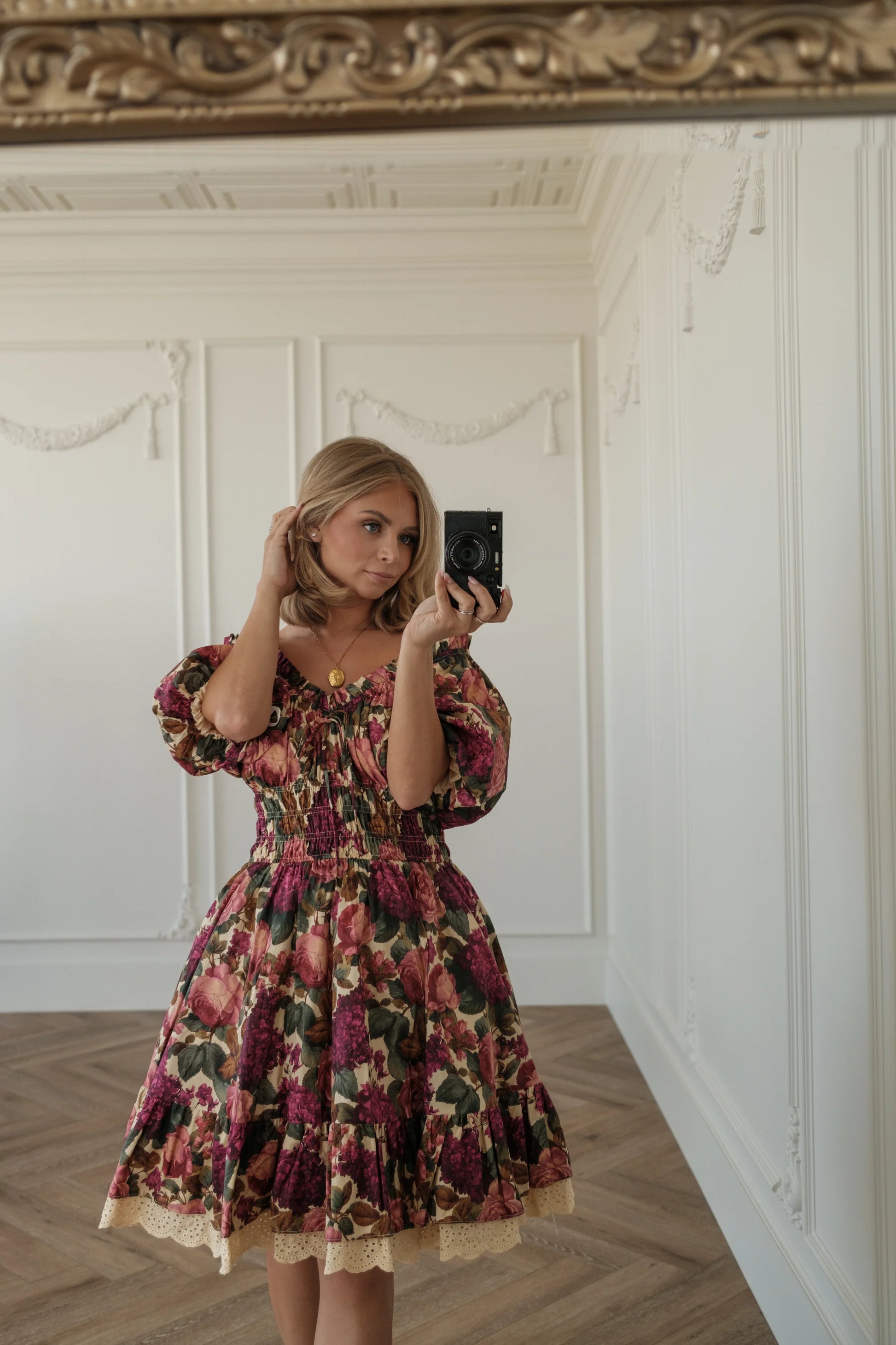 Jessa wearing the JessaKae Cerise Dress in purple plum floral