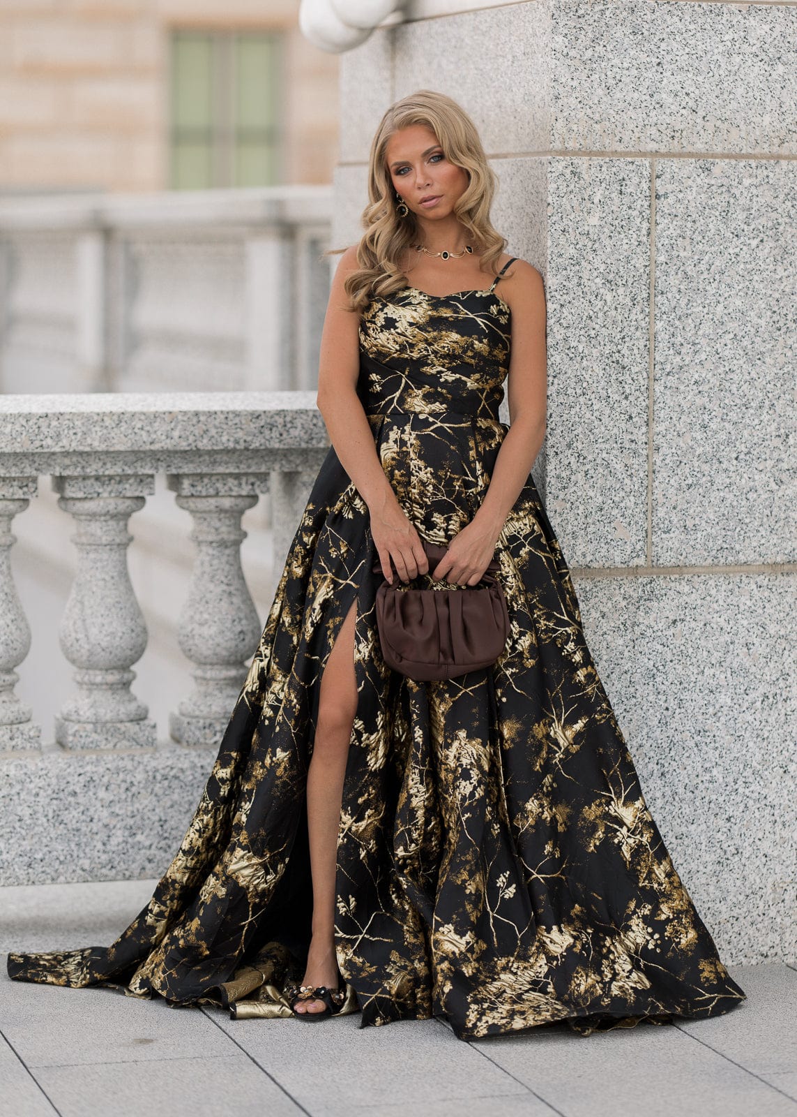 Arabella Sleeveless Gold Foil High Slit Formal Dress - Black | Occasion Dress in Sizes XXS6X | JessaKae Arabella Sleeveless Gold Foil High Slit Formal Dress - Black | Occasion Dress in Sizes XXS6X | JessaKae