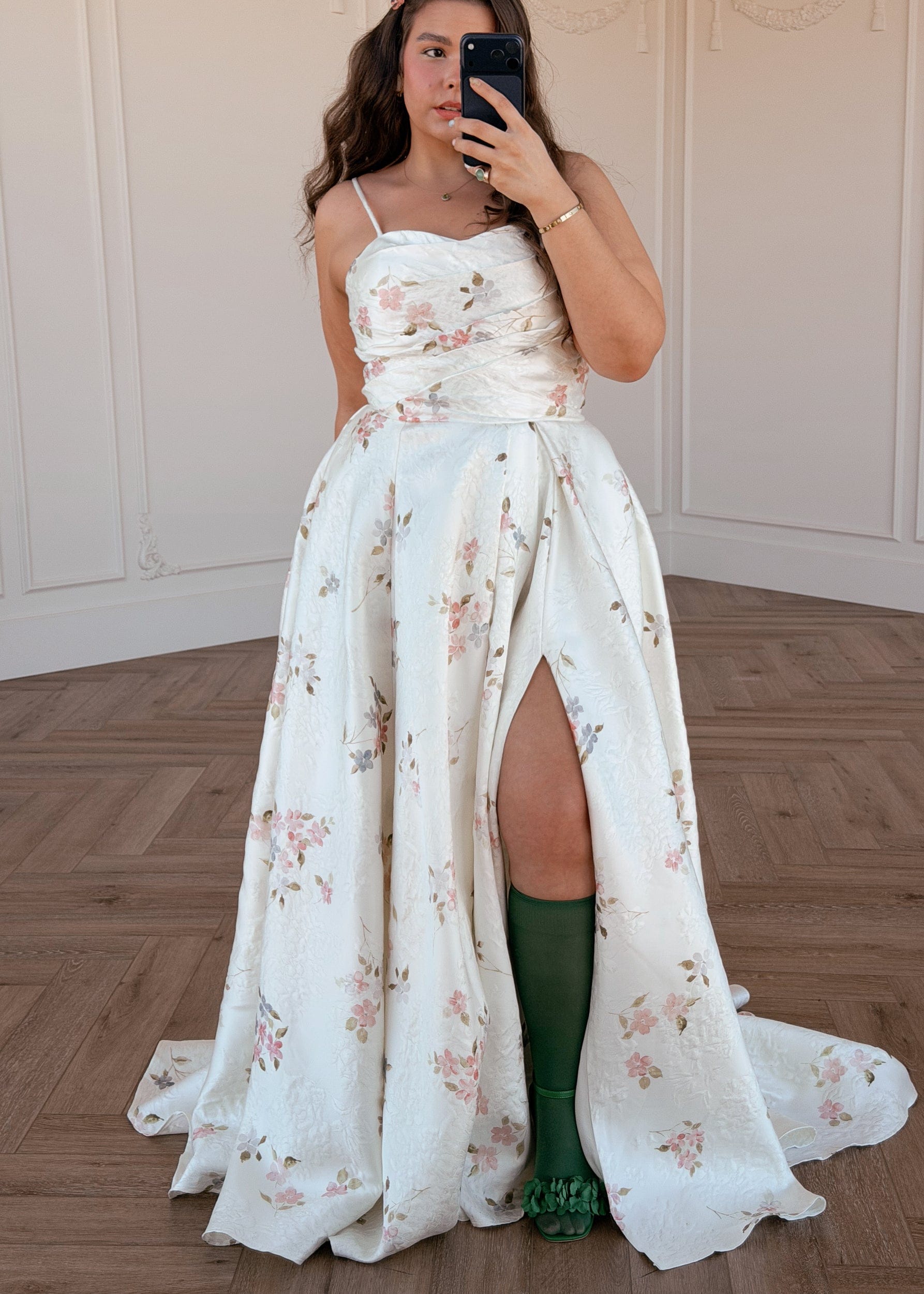 Arabella White Floral Jacquard Pleated Slit Maxi Dress | Occasion Dress in Sizes XXS6X | JessaKae Arabella White Floral Jacquard Pleated Slit Maxi Dress | Occasion Dress in Sizes XXS6X | JessaKae