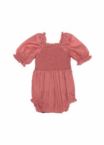 chic size inclusive model wearing JessaKae Ballet Baby Romper_Dusty Rose / 0-3M Baby Romper