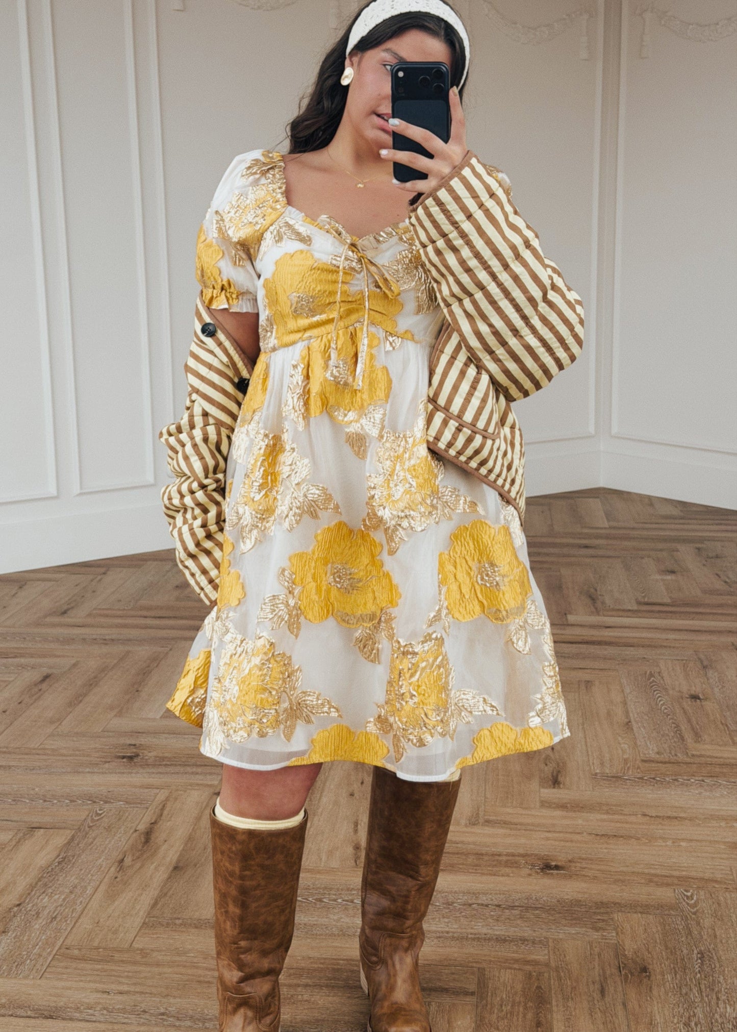 chic size inclusive model wearing JessaKae Beaumont Cream Gold Dress Dresses