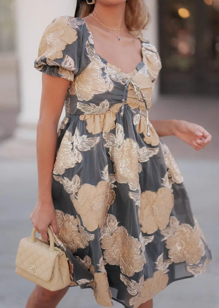Beaumont Grey Gold Dress | Occasion Dress in Sizes XXS6X | JessaKae Beaumont Grey Gold Dress | Occasion Dress in Sizes XXS6X | JessaKae