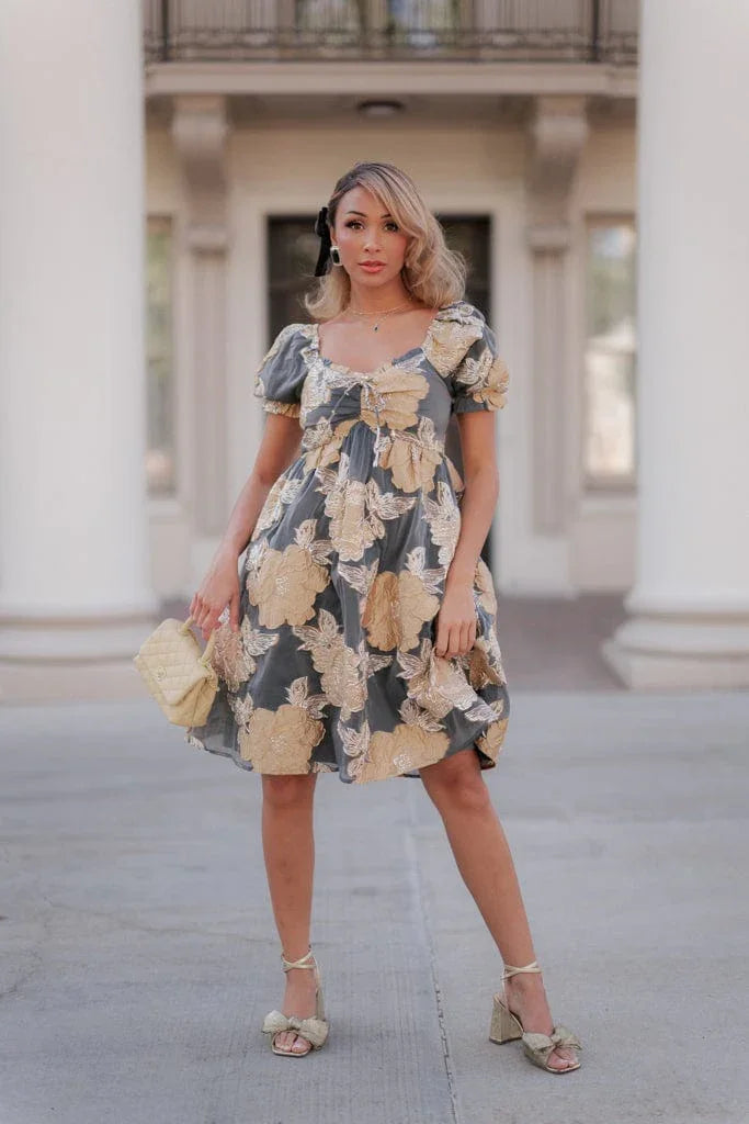 Beaumont Grey Gold Dress | Occasion Dress in Sizes XXS6X | JessaKae Beaumont Grey Gold Dress | Occasion Dress in Sizes XXS6X | JessaKae