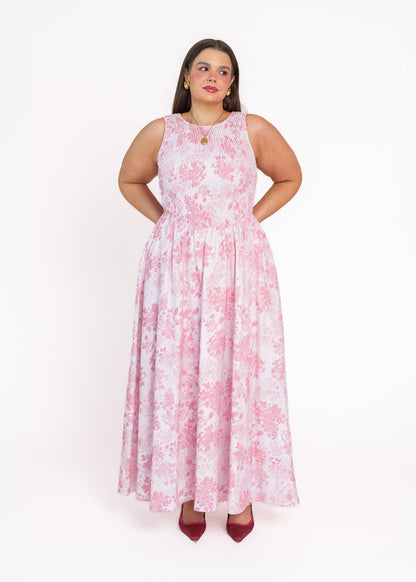 chic size inclusive model wearing JessaKae Camille Smocked Floral Maxi Dress - Pink
