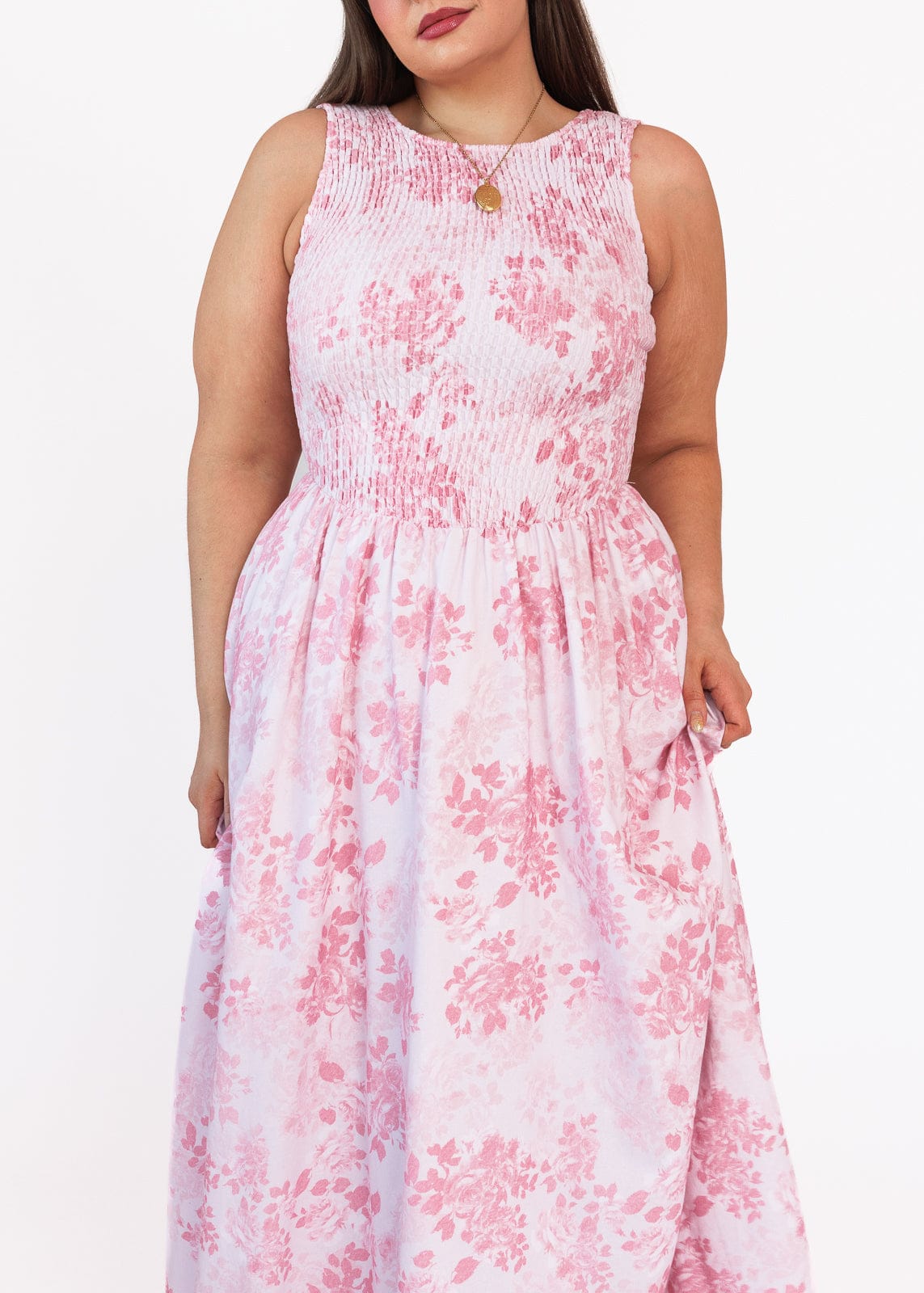 chic size inclusive model wearing JessaKae Camille Smocked Floral Maxi Dress - Pink