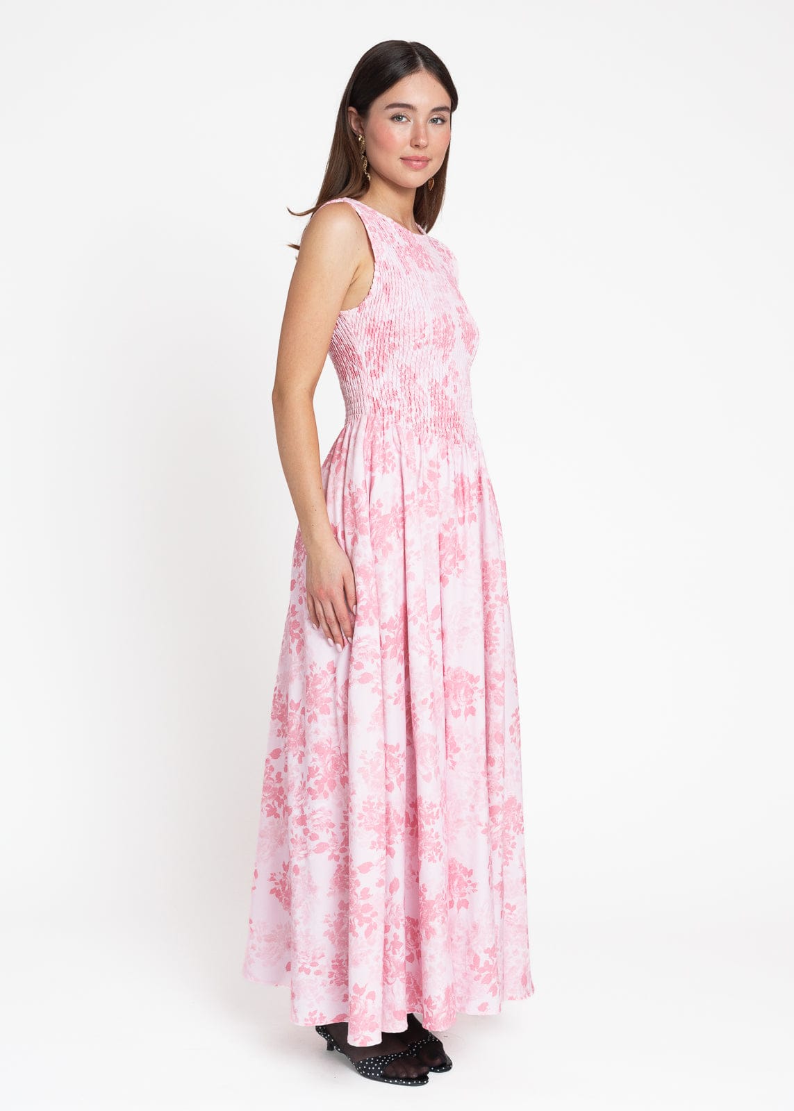 chic size inclusive model wearing JessaKae Camille Smocked Floral Maxi Dress - Pink