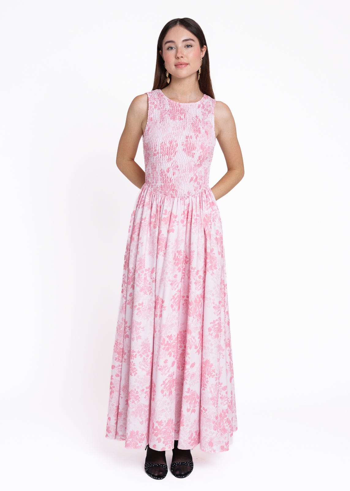 chic size inclusive model wearing JessaKae Camille Smocked Floral Maxi Dress - Pink