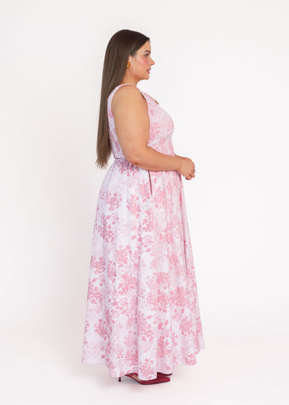 chic size inclusive model wearing JessaKae Camille Smocked Floral Maxi Dress - Pink