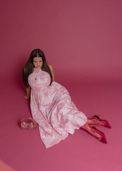 chic size inclusive model wearing JessaKae Camille Smocked Floral Maxi Dress - Pink