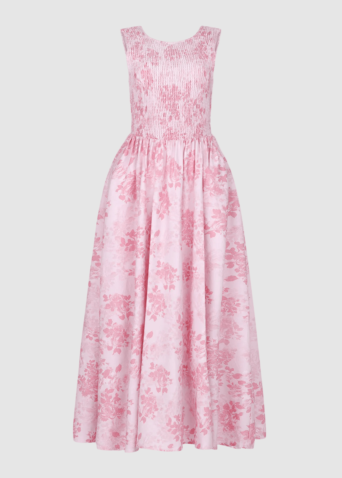 chic size inclusive model wearing JessaKae Camille Smocked Floral Maxi Dress - Pink