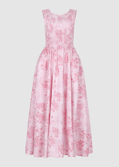 chic size inclusive model wearing JessaKae Camille Smocked Floral Maxi Dress - Pink