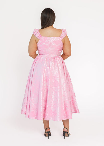 chic size inclusive model wearing JessaKae Carolyn A-Line Basque Waist Midi Dress - Pink