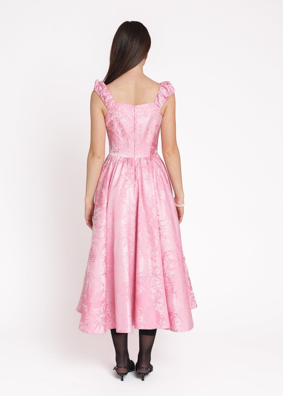 chic size inclusive model wearing JessaKae Carolyn A-Line Basque Waist Midi Dress - Pink
