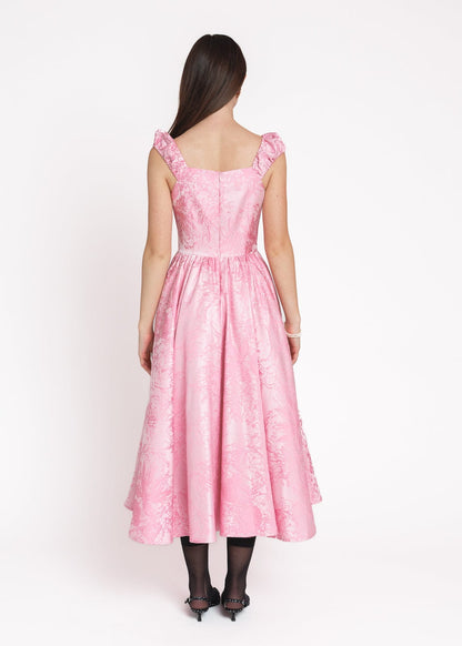 chic size inclusive model wearing JessaKae Carolyn A-Line Basque Waist Midi Dress - Pink