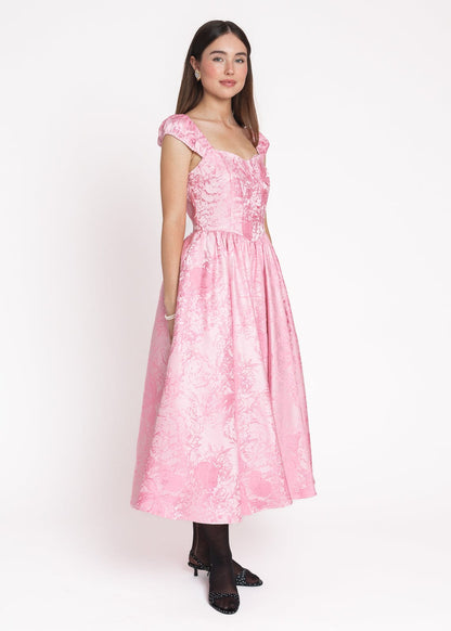 chic size inclusive model wearing JessaKae Carolyn A-Line Basque Waist Midi Dress - Pink