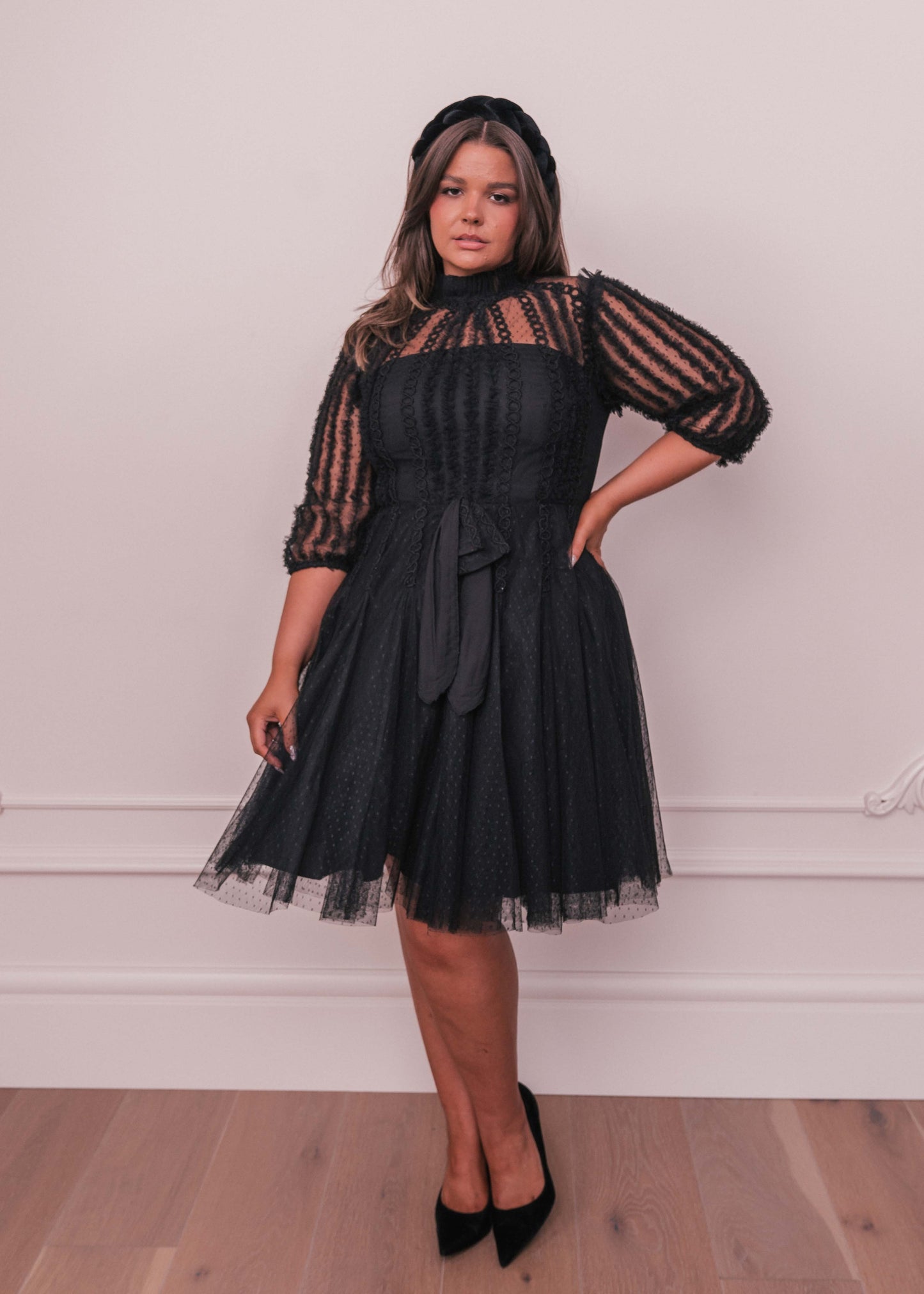 chic size inclusive model wearing JessaKae Cecilia Dress Dresses Dress_Black / XL