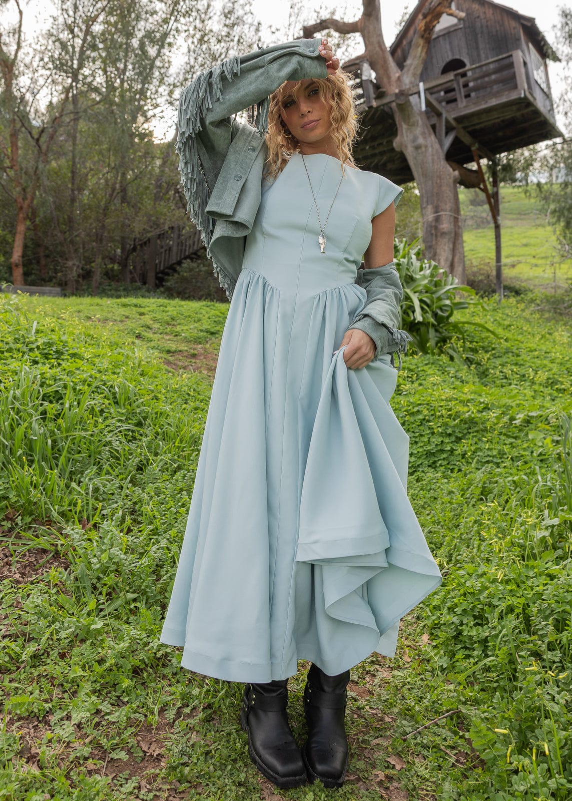 chic size inclusive model wearing JessaKae Diana Drop Waist Keyhole Back Dress - Light Blue Dresses