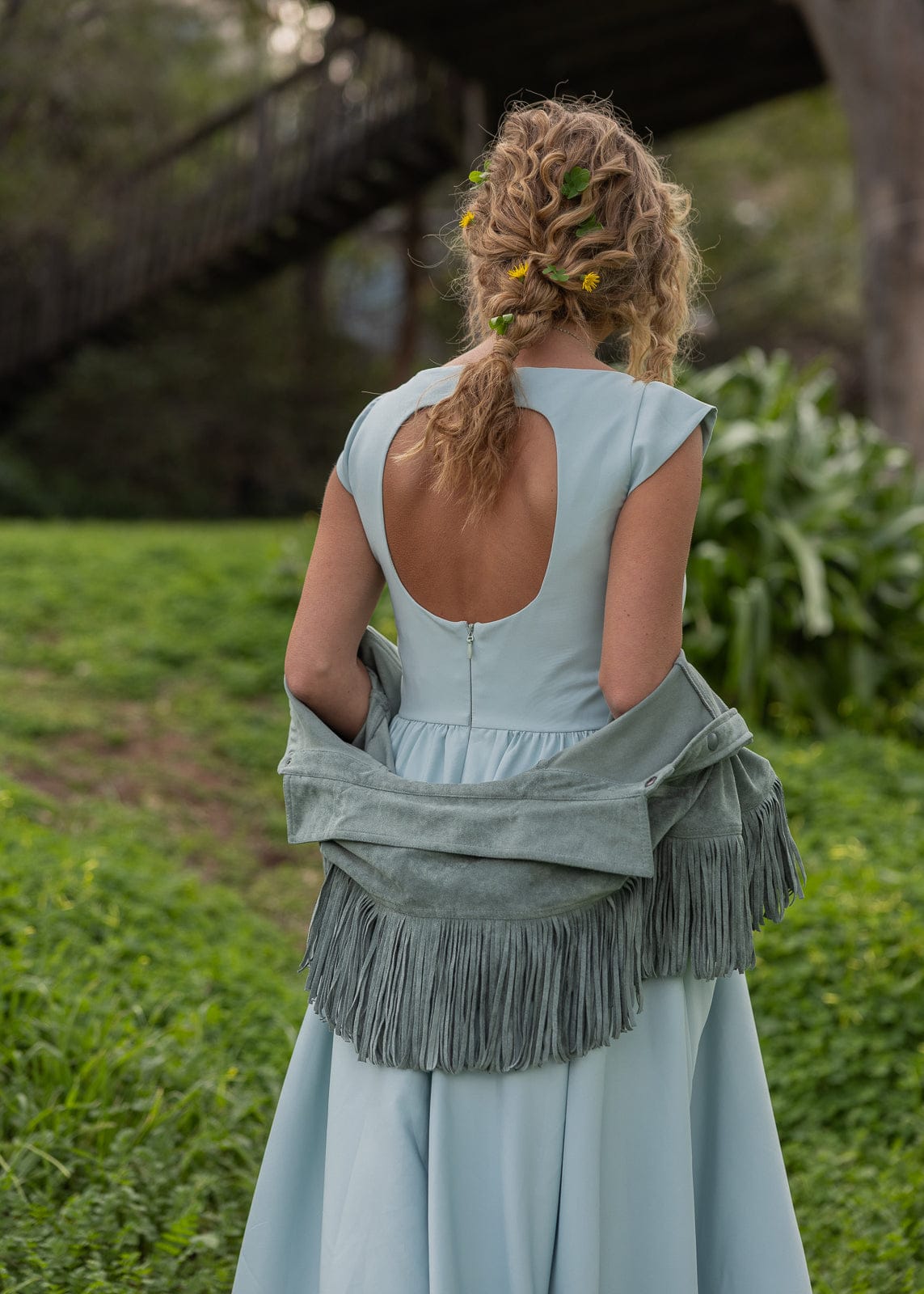 chic size inclusive model wearing JessaKae Diana Drop Waist Keyhole Back Dress - Light Blue Dresses