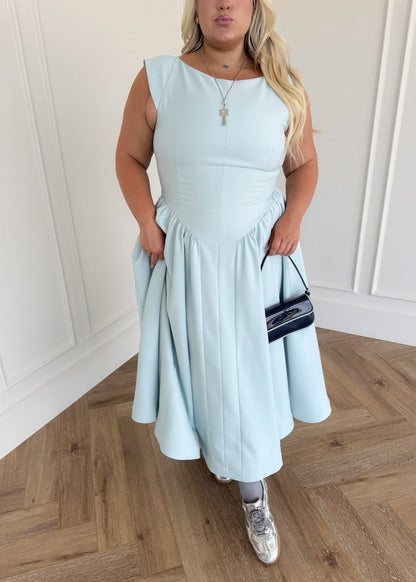 chic size inclusive model wearing JessaKae Diana Drop Waist Keyhole Back Dress - Light Blue Dresses