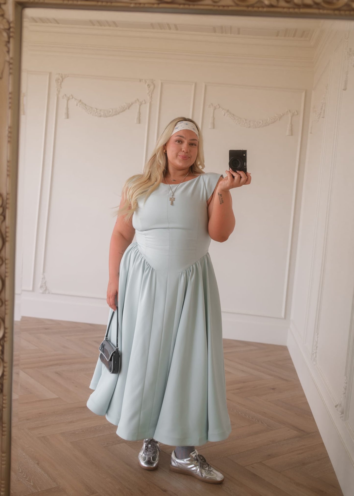 chic size inclusive model wearing JessaKae Diana Drop Waist Keyhole Back Dress - Light Blue Dresses