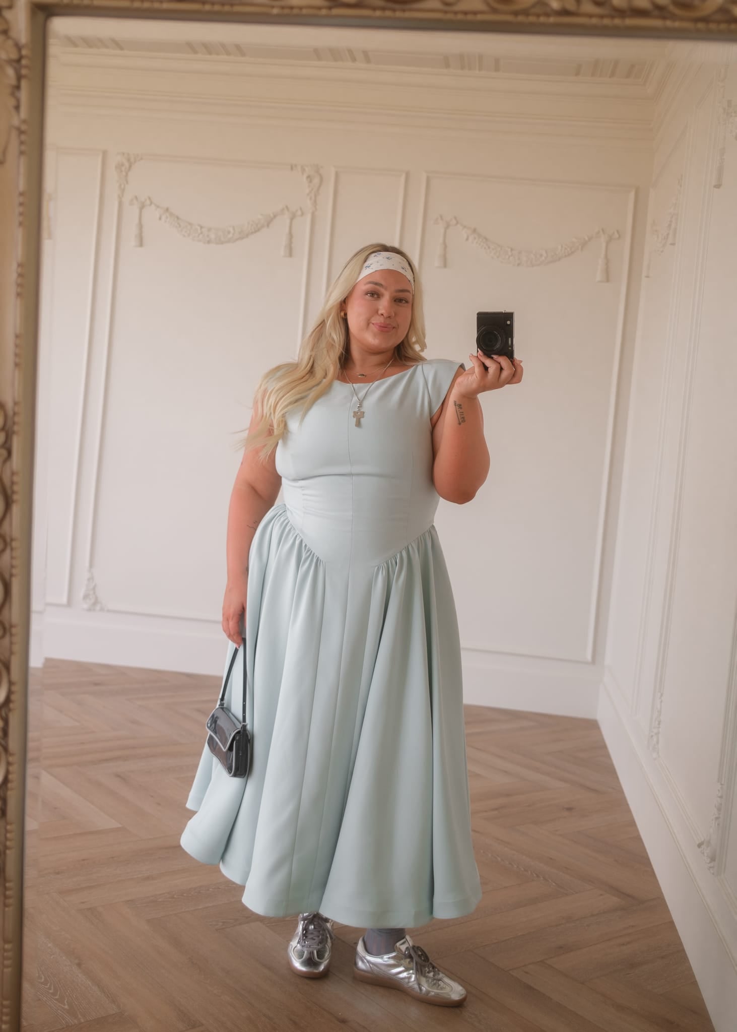 chic size inclusive model wearing JessaKae Diana Drop Waist Keyhole Back Dress - Light Blue Dresses