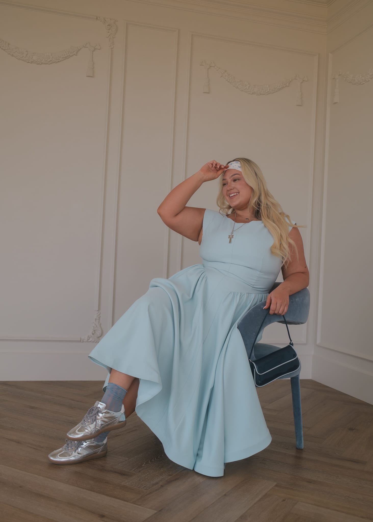 chic size inclusive model wearing JessaKae Diana Drop Waist Keyhole Back Dress - Light Blue Dresses