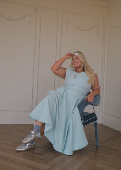 chic size inclusive model wearing JessaKae Diana Drop Waist Keyhole Back Dress - Light Blue Dresses